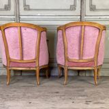 Pair of Louis XV style bergère armchairs in carved wood, pink velvet, circa 1900