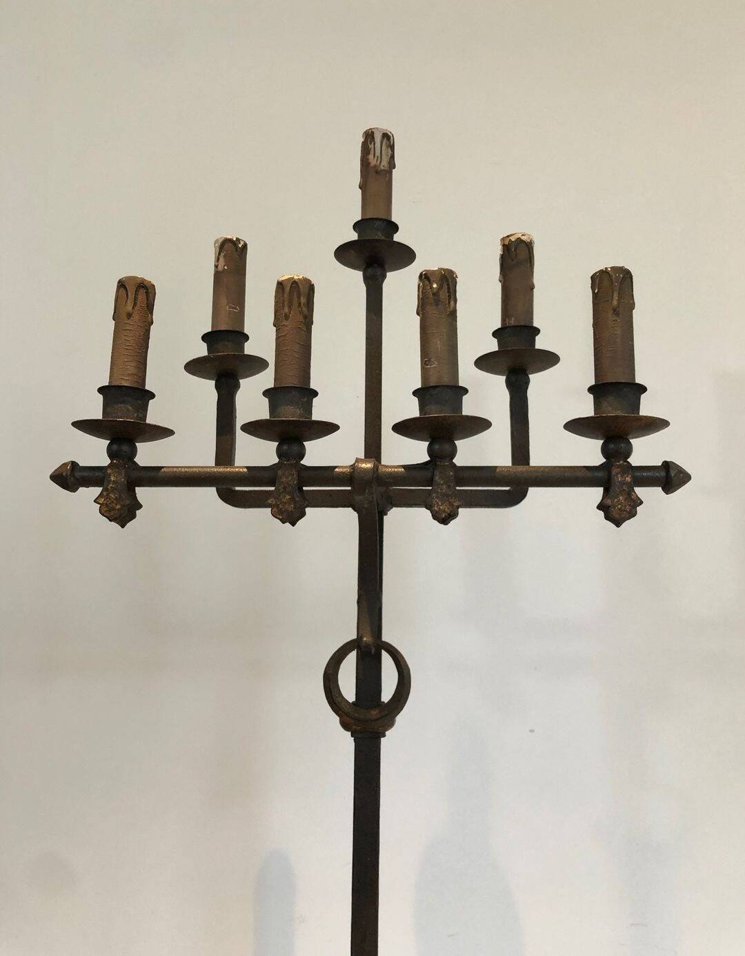 Parquet Floor Lamp in Wrought Iron and Gilded Iron, Art Deco, French Work,