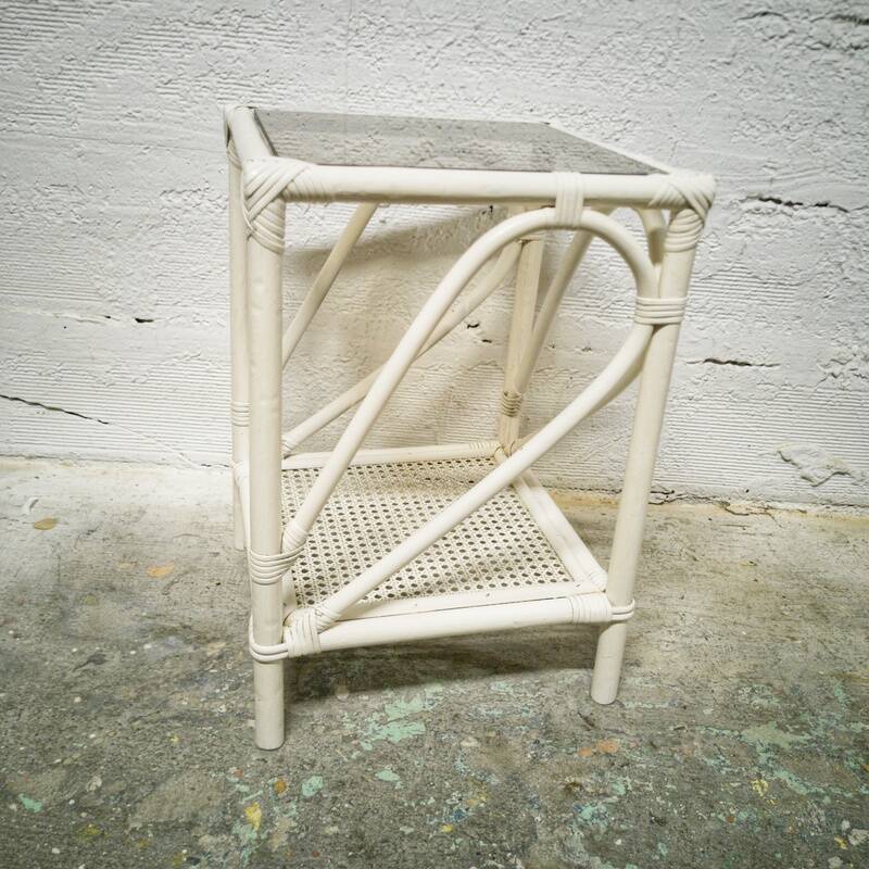 Side table in white rattan and smoked glass