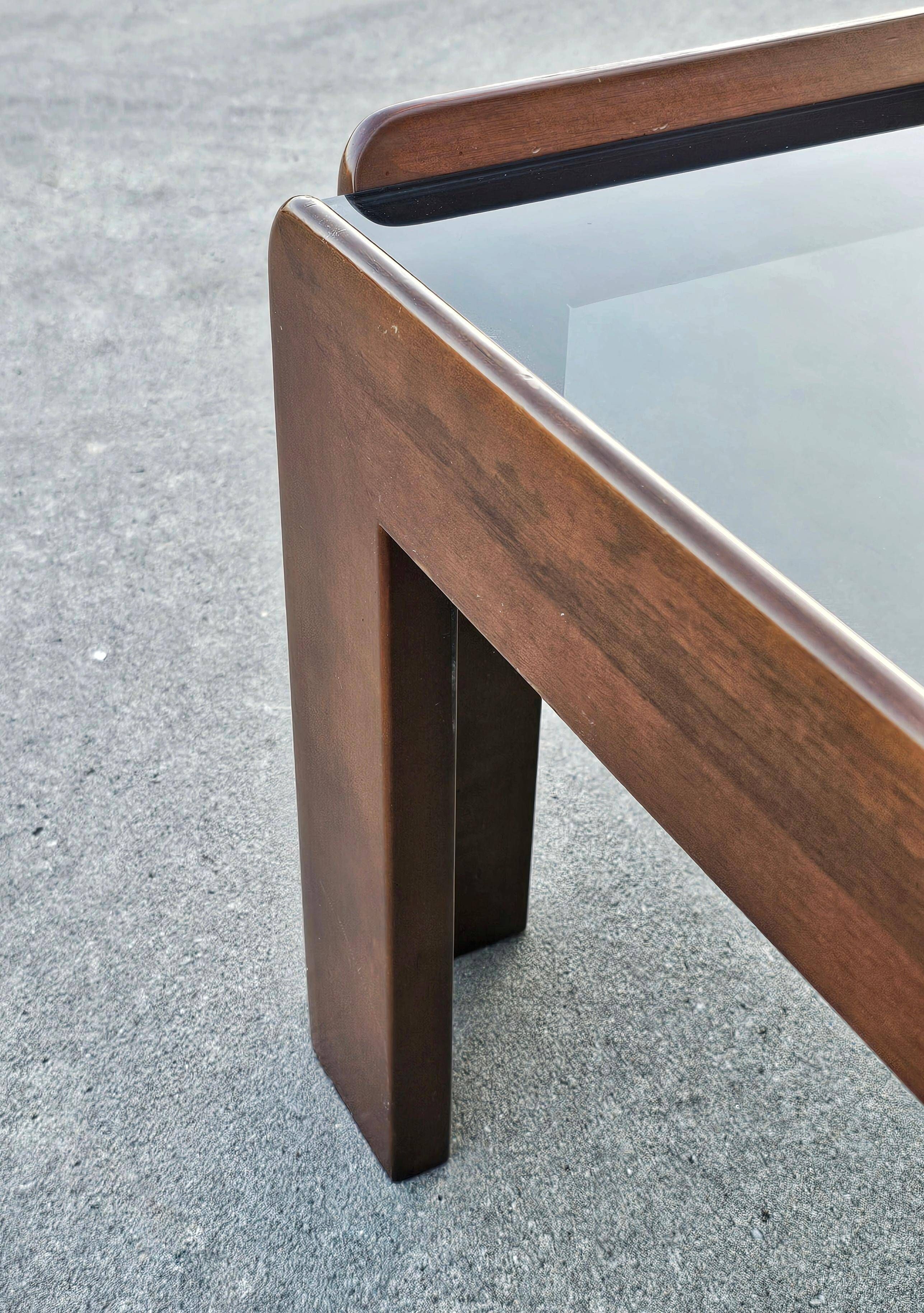 MCM coffee table in walnut and smoked glass by Afra and Tobia Scarpa, 1960s
