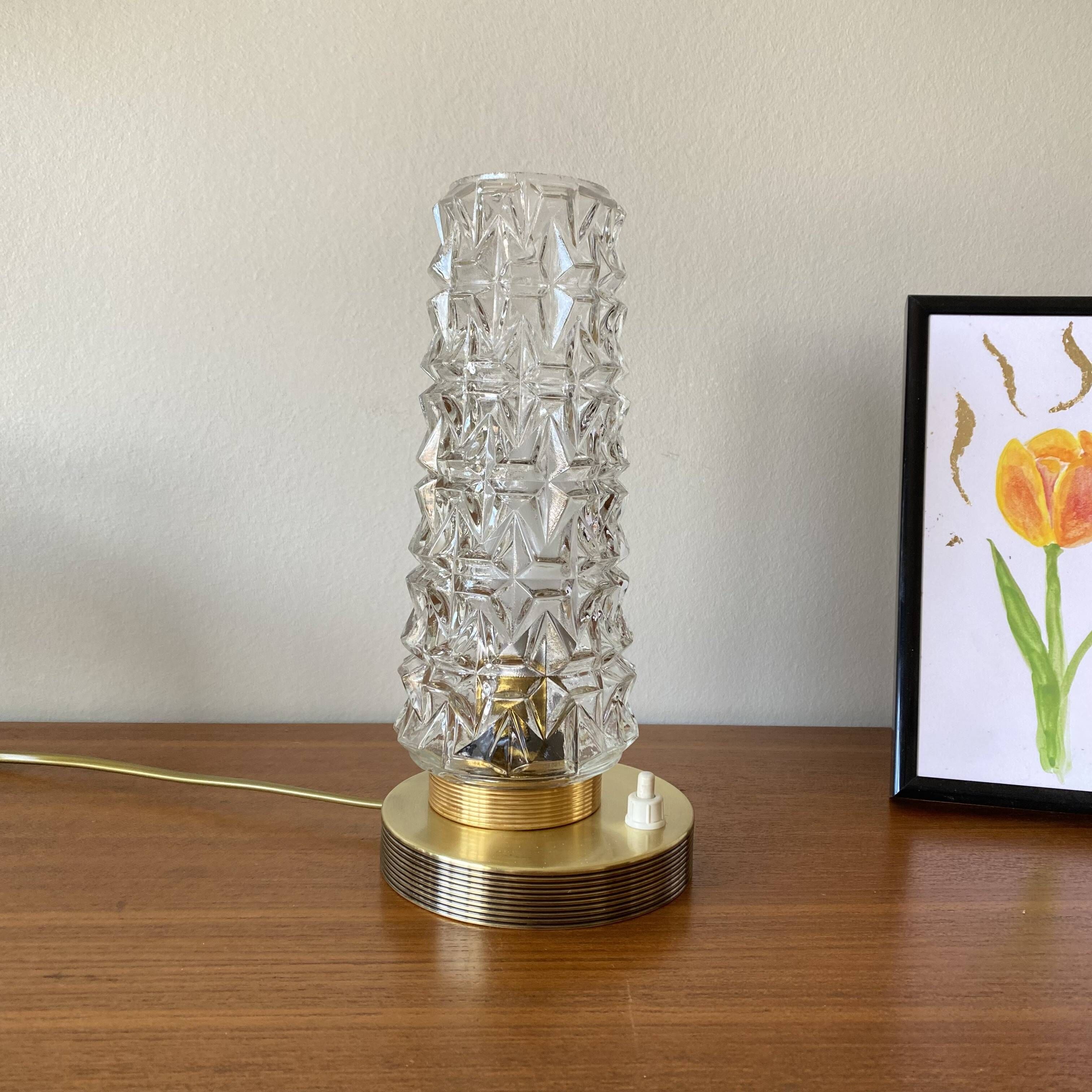 Vintage tulip-shaped table, desk, and bedside lamp with antique glass shade and brass base