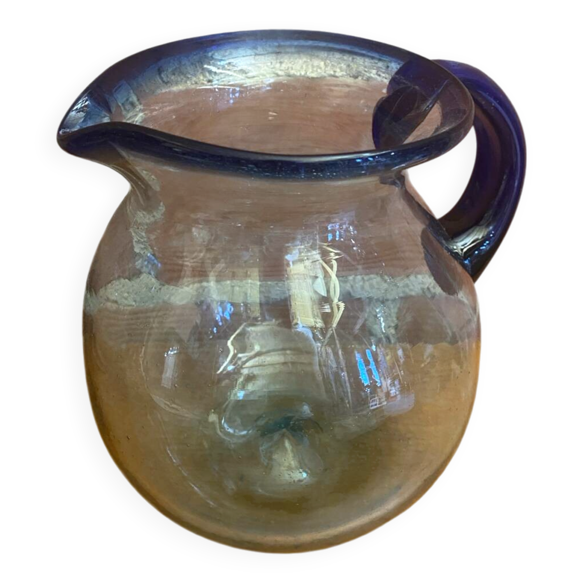 Antique Blown Bubble Glass Pitcher Transparent & Cobalt Blue 2L Vintage