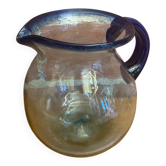 Pichet Ancien Verre Soufflé Bullé Transparent & Bleu Cobalt 2L Vintage