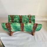 Dish and Asparagus Drainer in Green Barbotine Earthenware