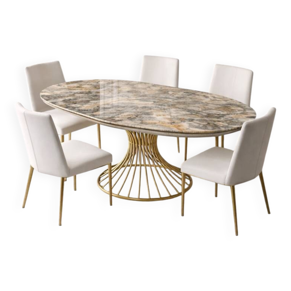 Table extensible ovale en céramique effet marbre et pied central doré – Sty
