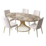 Extendable oval table in ceramic with marble effect and golden central base – Sty