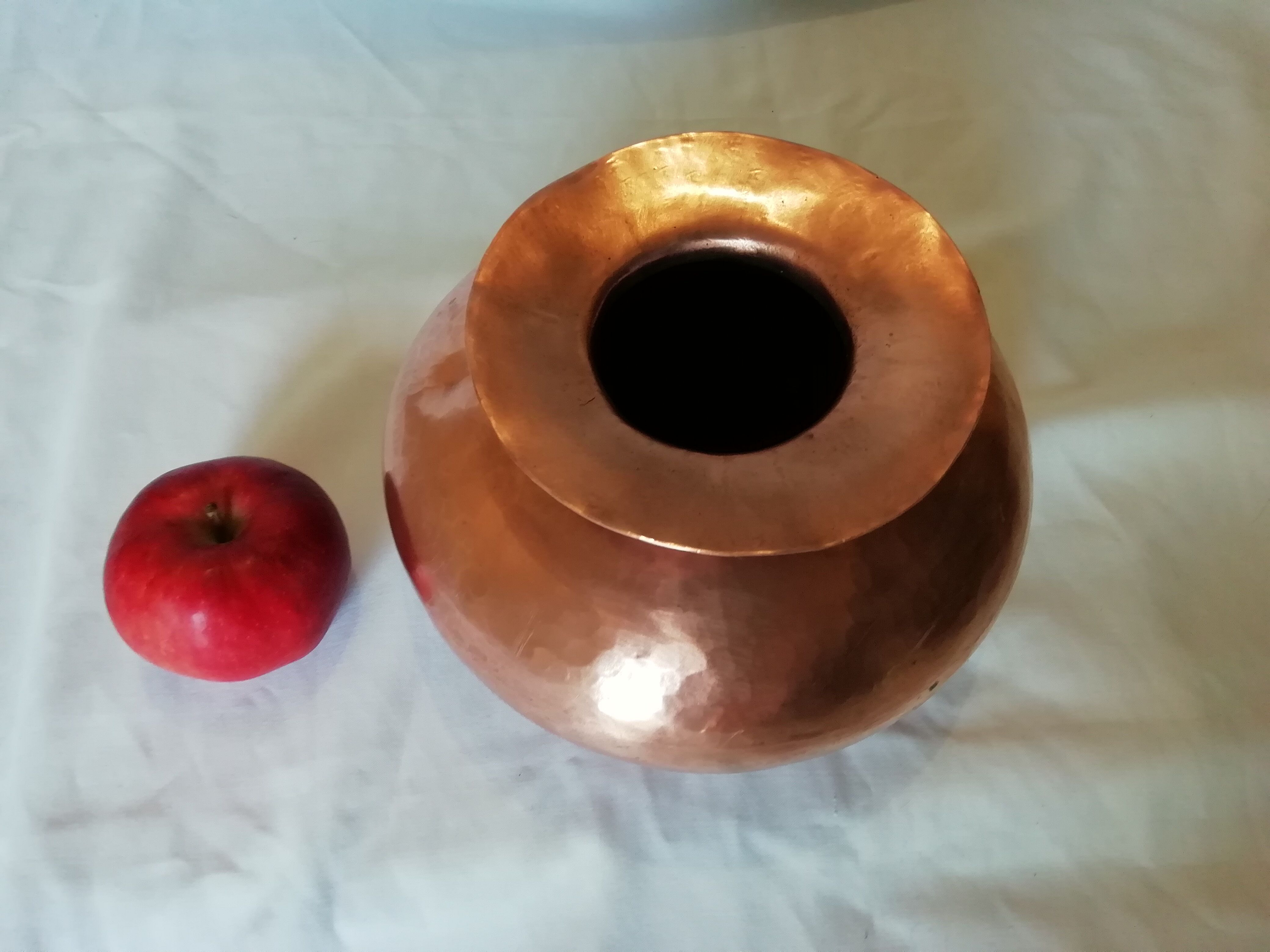 Ball vase with flared hammered copper collar