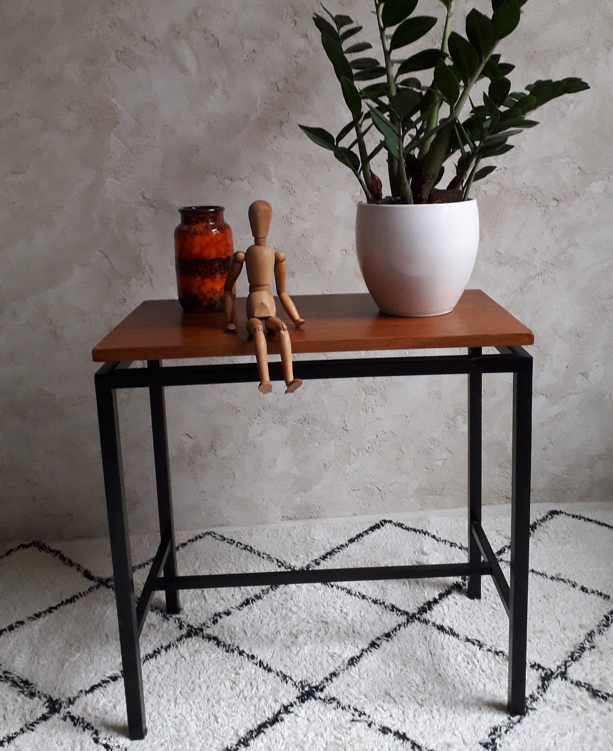 Side table or console teak and vintage metal