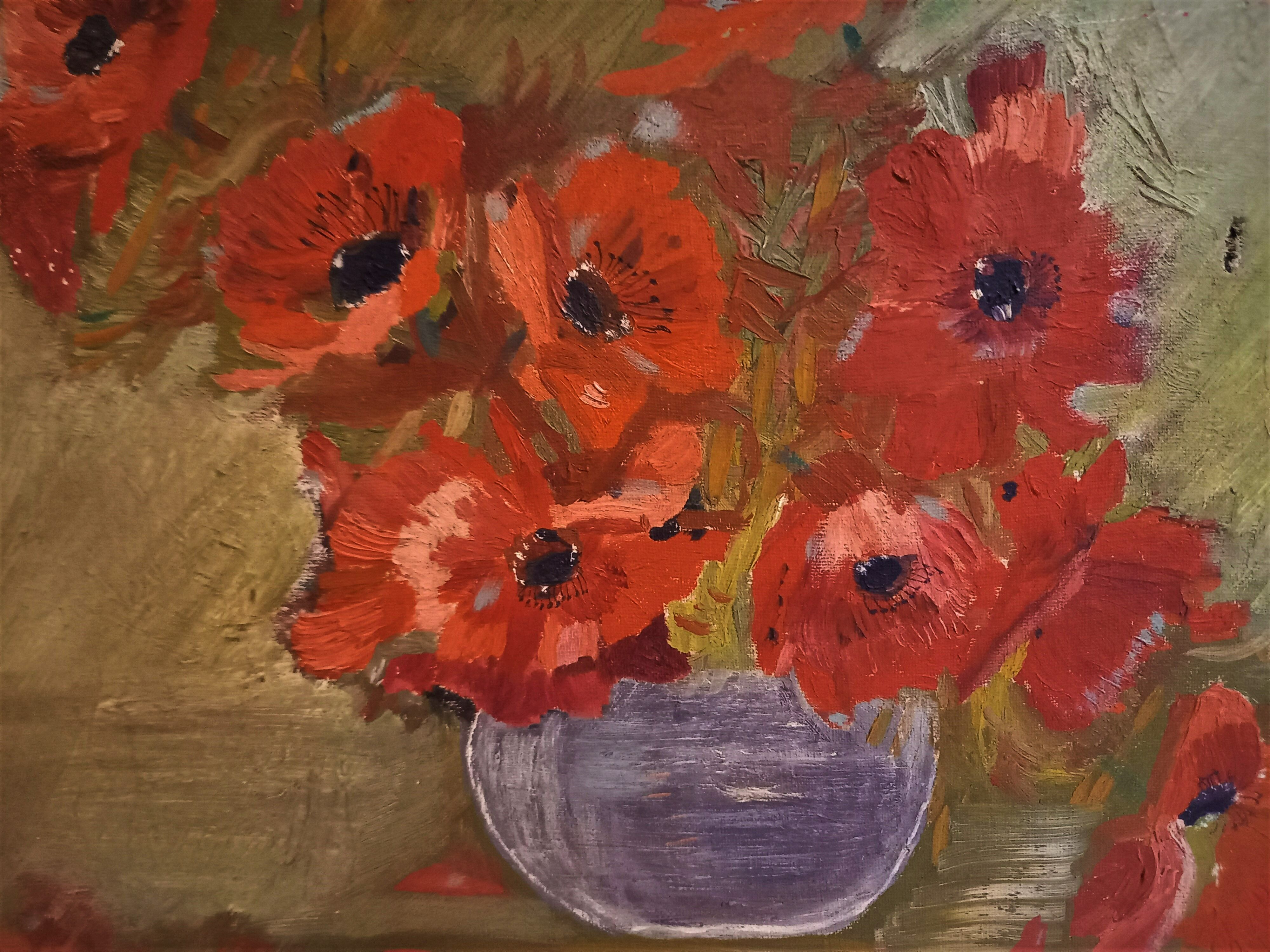 Old painting signed Yvonne Biancheri, Bouquet of red anemones, 1956,