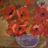 Old painting signed Yvonne Biancheri, Bouquet of red anemones, 1956,