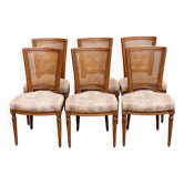 Set of 6 Louis XVI style chairs with caned backs and 70s jacquard fabric.