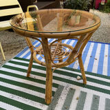 Vintage round rattan wicker coffee table