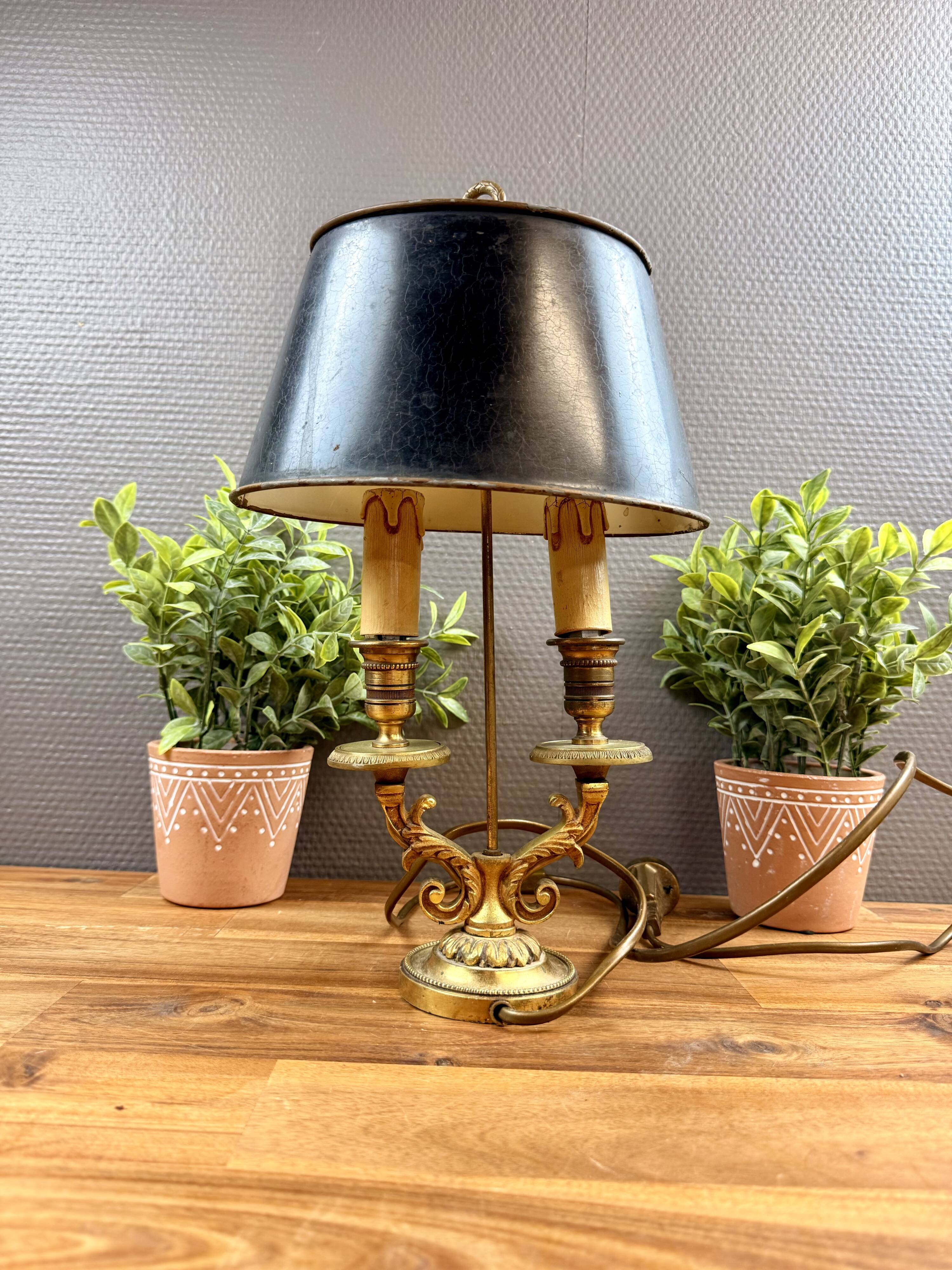 Antique bronze bouillotte lamp – metal shade