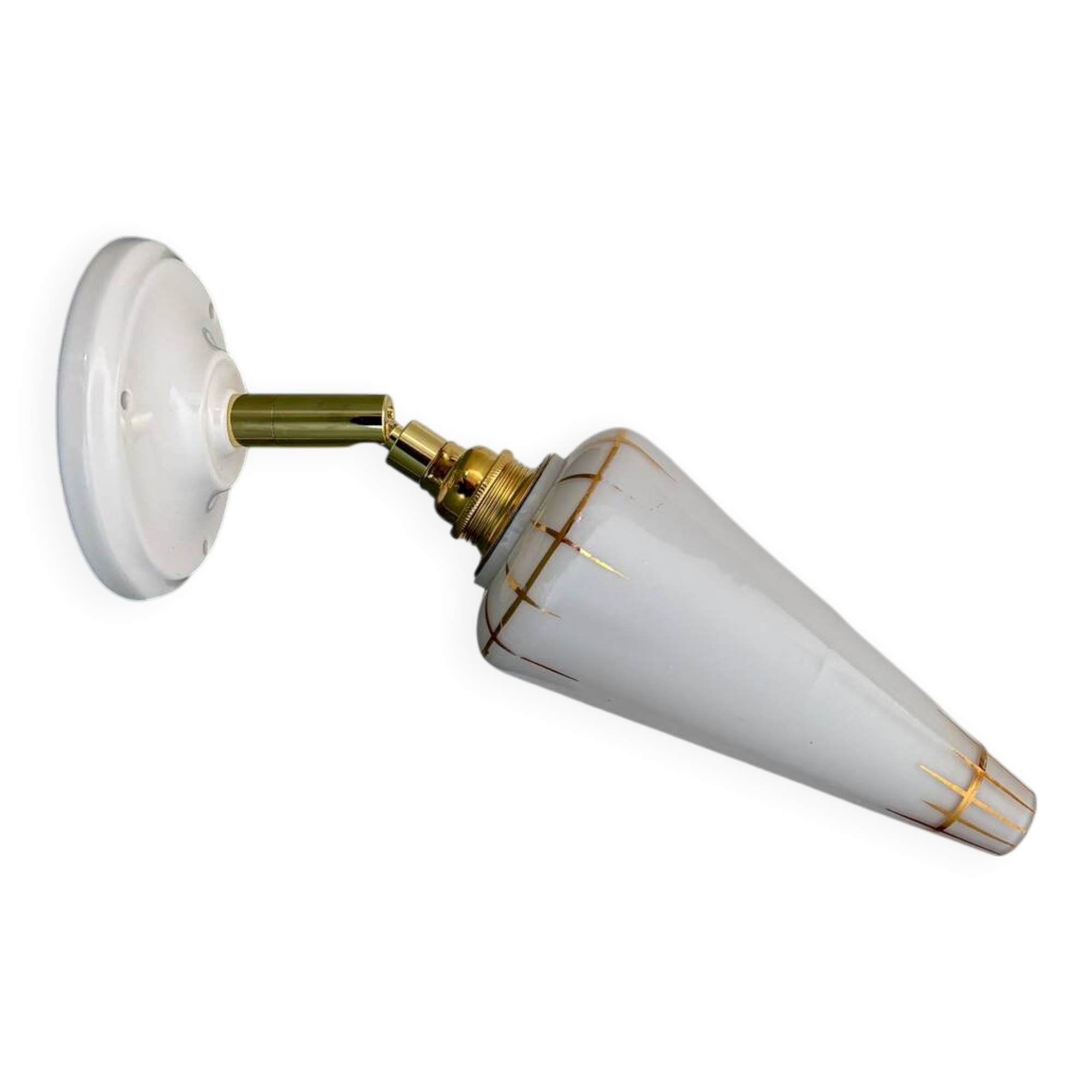 Vintage tulip wall lamp in white opaline with gold trim
