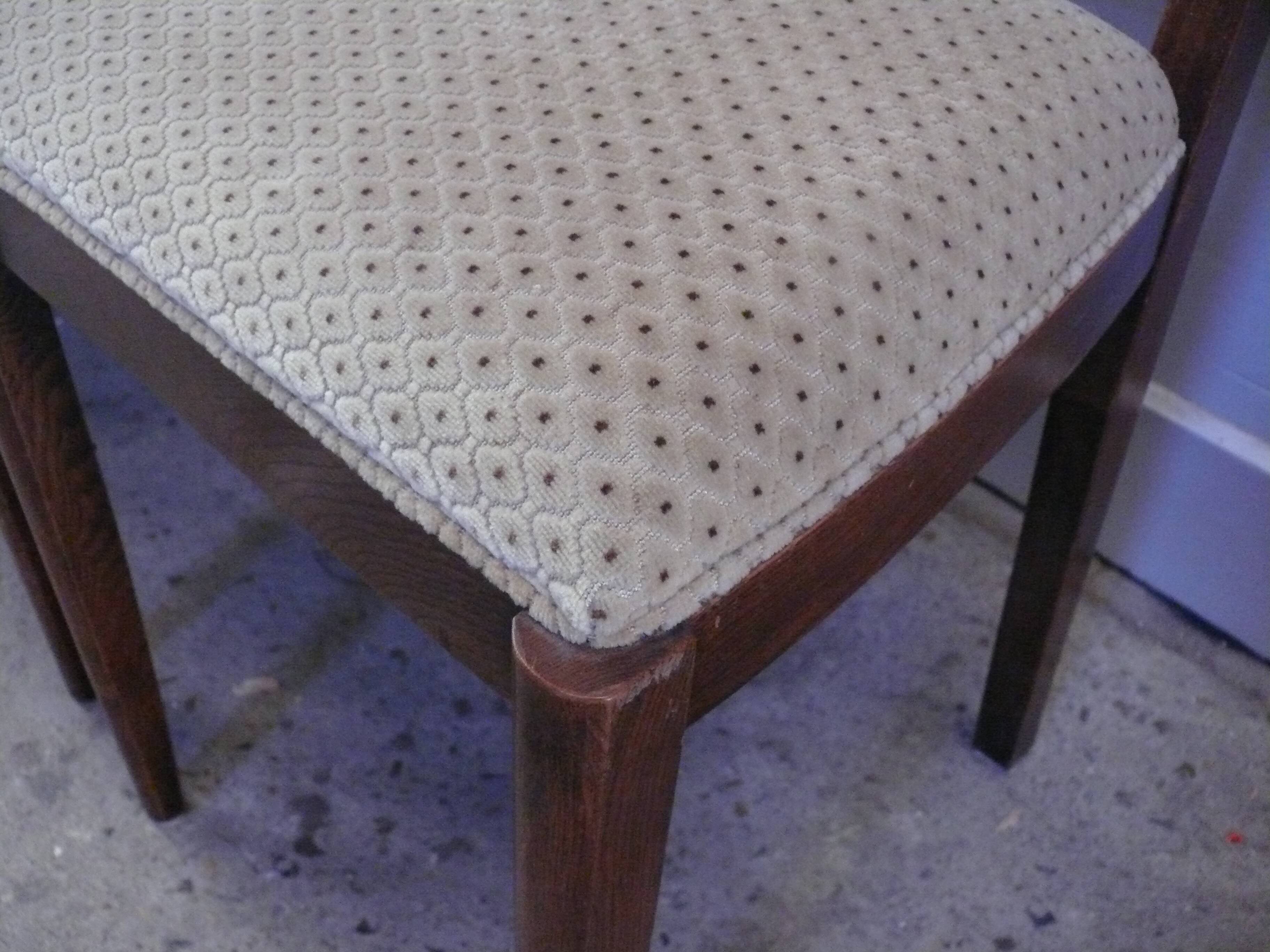 Six Art Deco chairs. Oak and original crushed velvet.