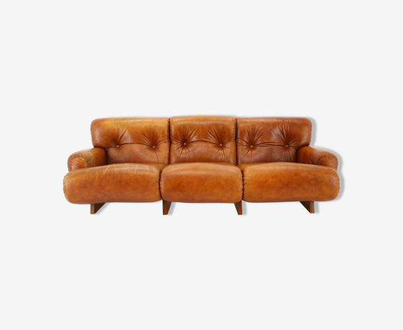 1970s Design Italian 3-Seater Sofa in Wood and Cognac Leather
