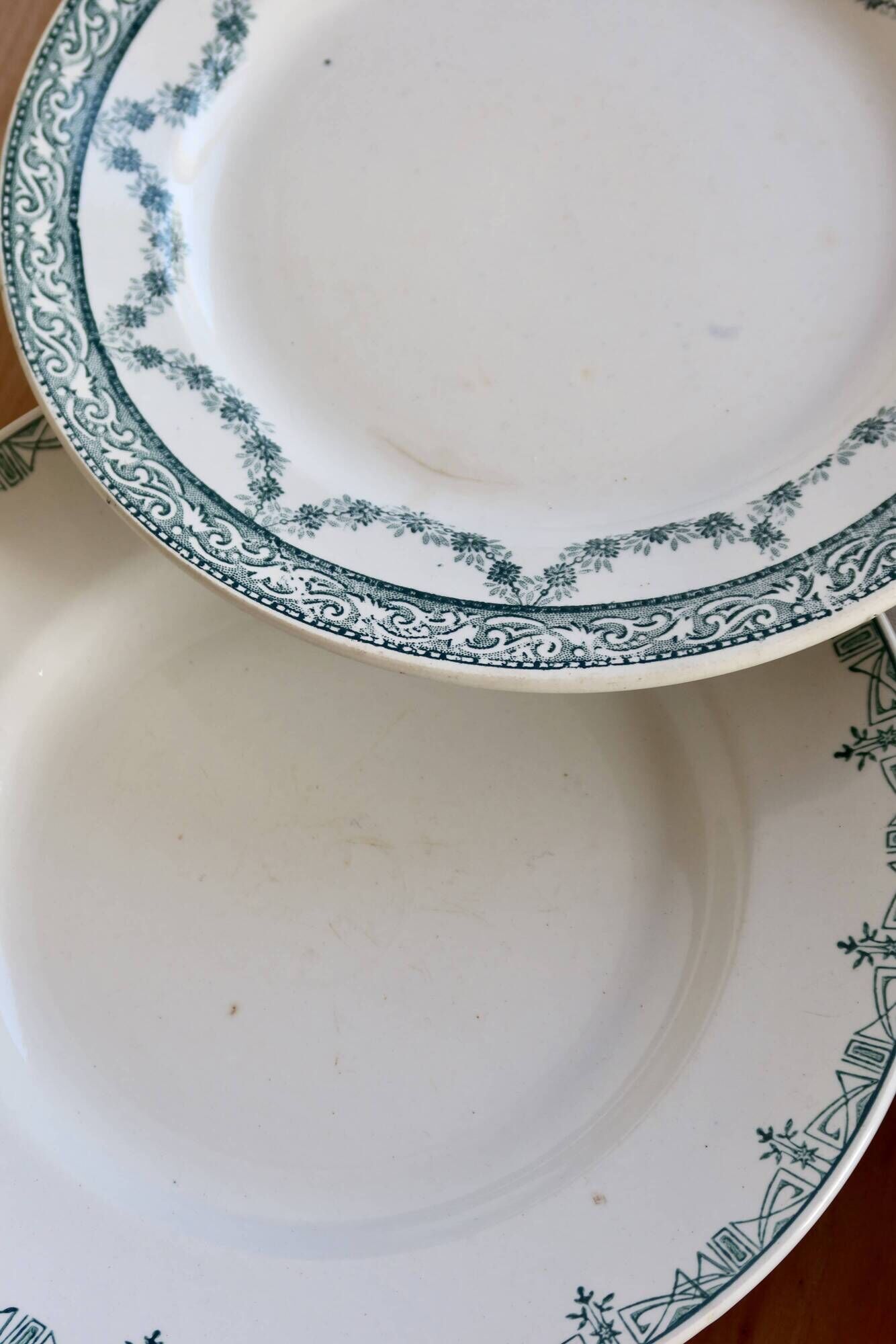 6 mismatched vintage ironstone plates – Green and blue patterns