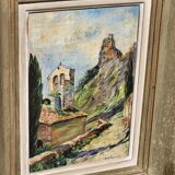 Peinture à l'huile antique représentant un clocher d'église en paysage du XIXe siècle