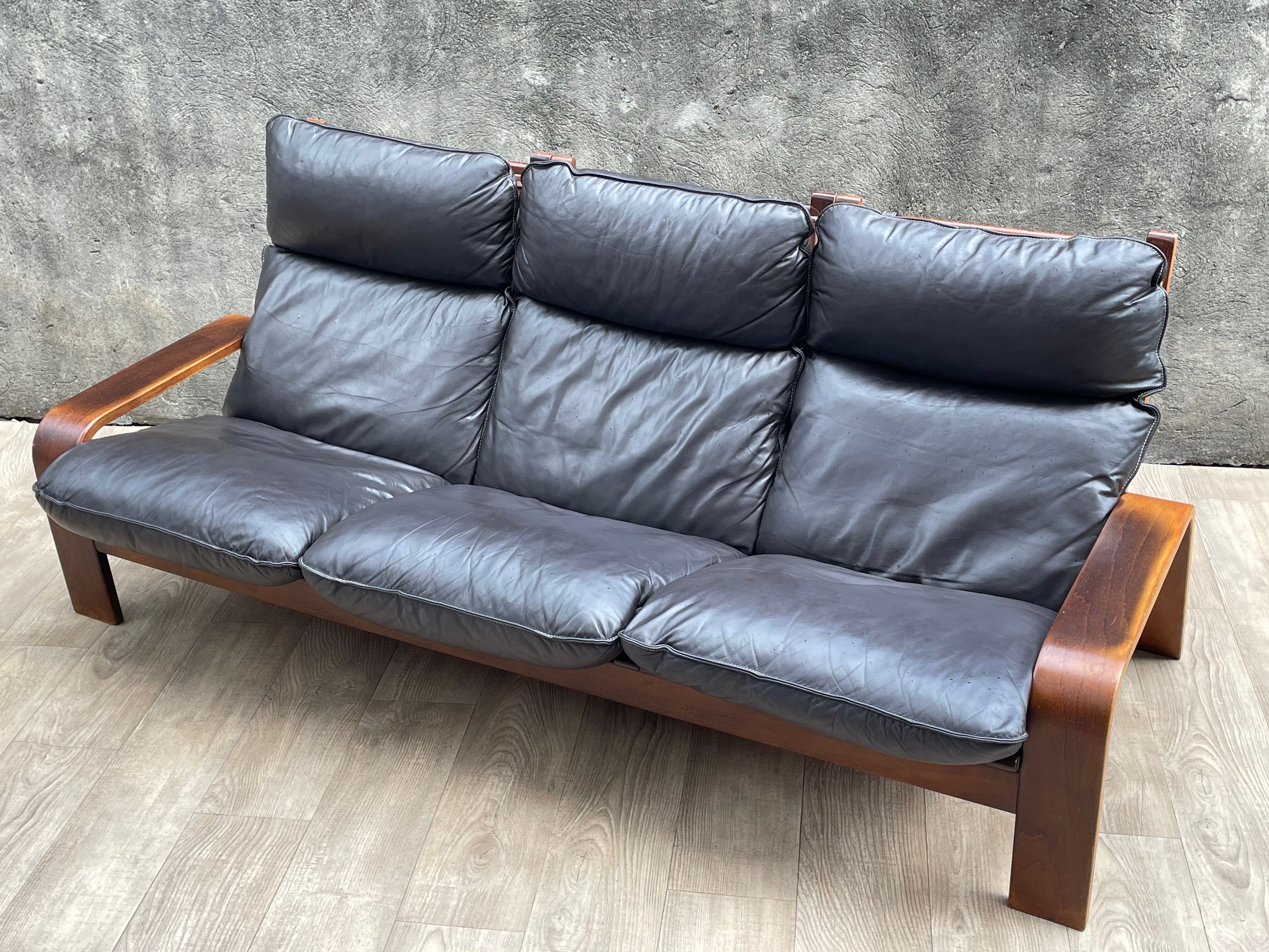 Scandinavian wooden and leather sofa, 1970s
