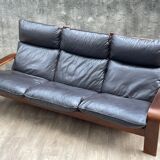 Scandinavian wooden and leather sofa, 1970s