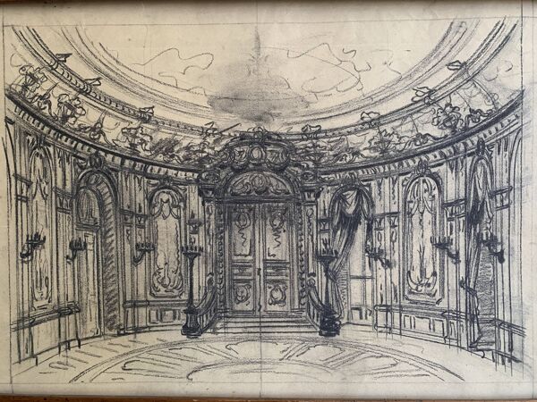 Salon parisien du 19e siècle, grand dessin original encadré