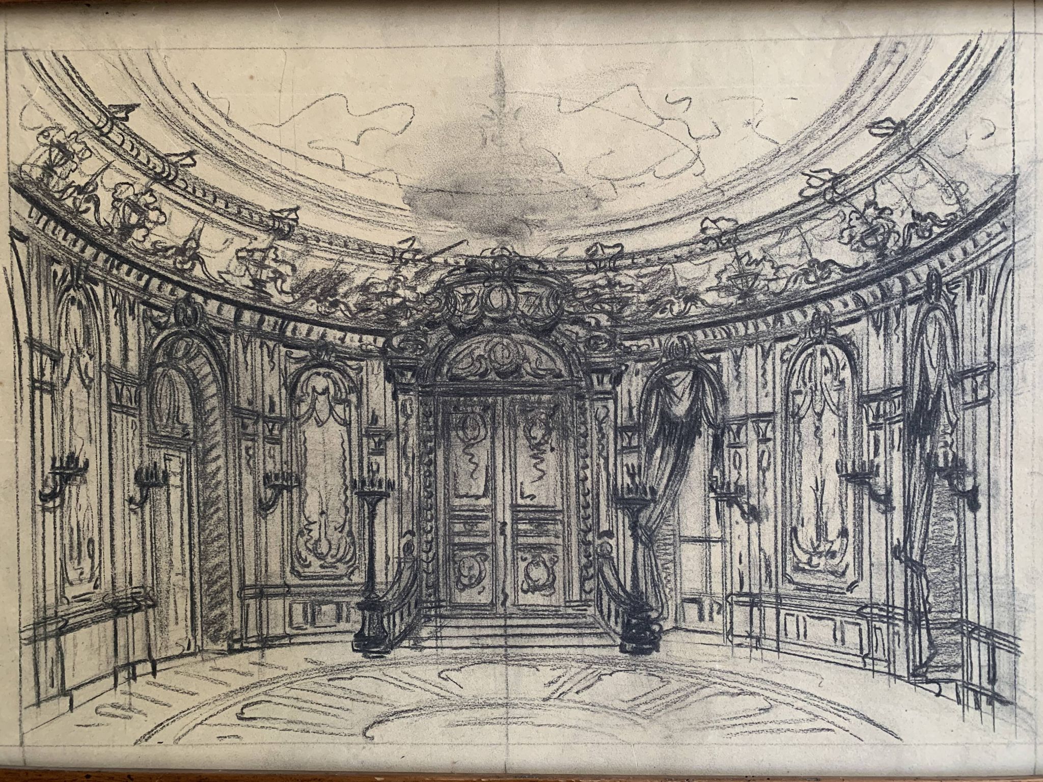 Salon parisien du 19e siècle, grand dessin original encadré