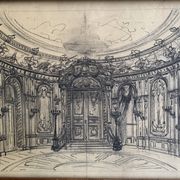 Salon parisien du 19e siècle, grand dessin original encadré