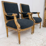 Pair of 19th century Louis XVI gilt armchairs newly re upholstered in holland and sherry fabric