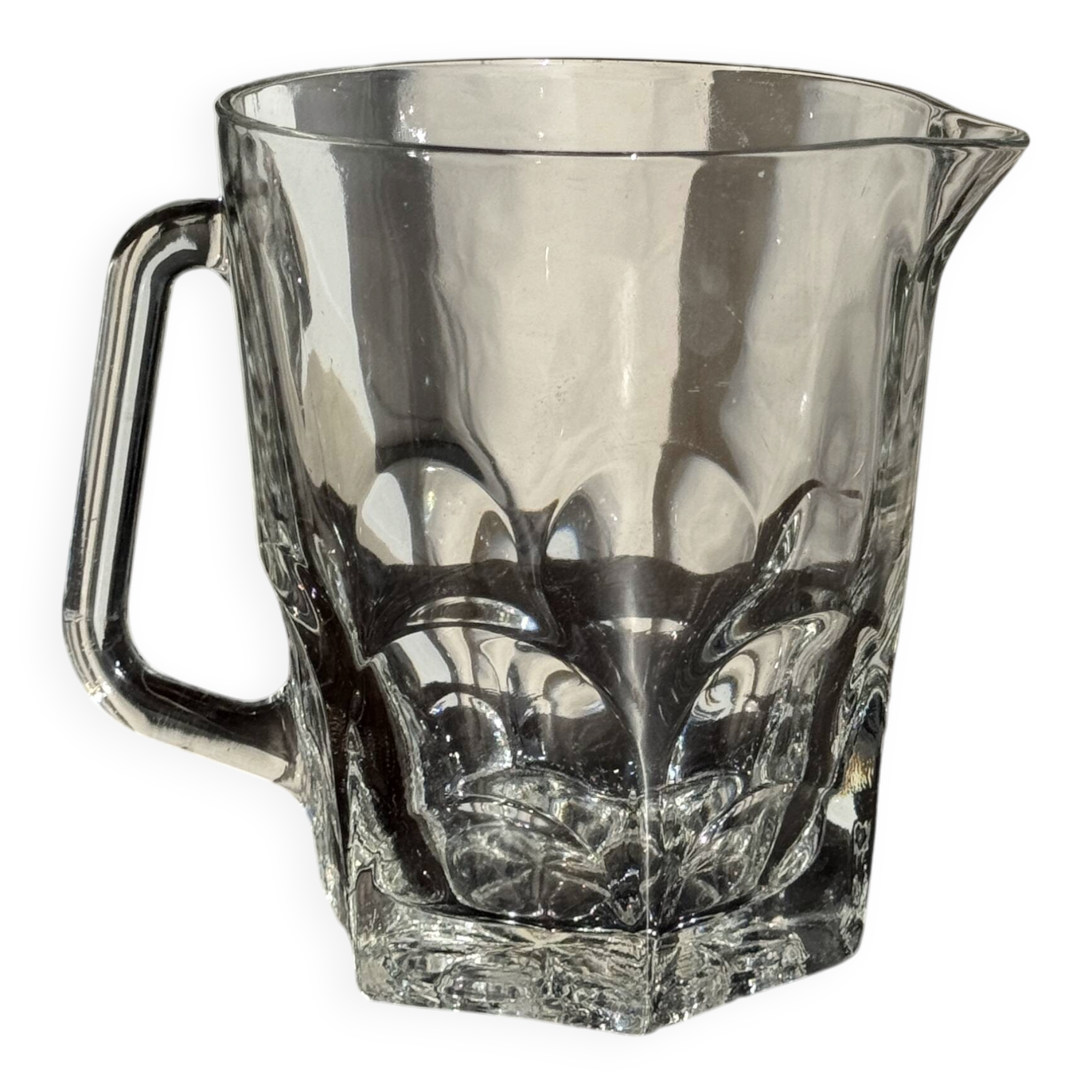 Large glass water jug with handle, hexagonal base, H15 D20.