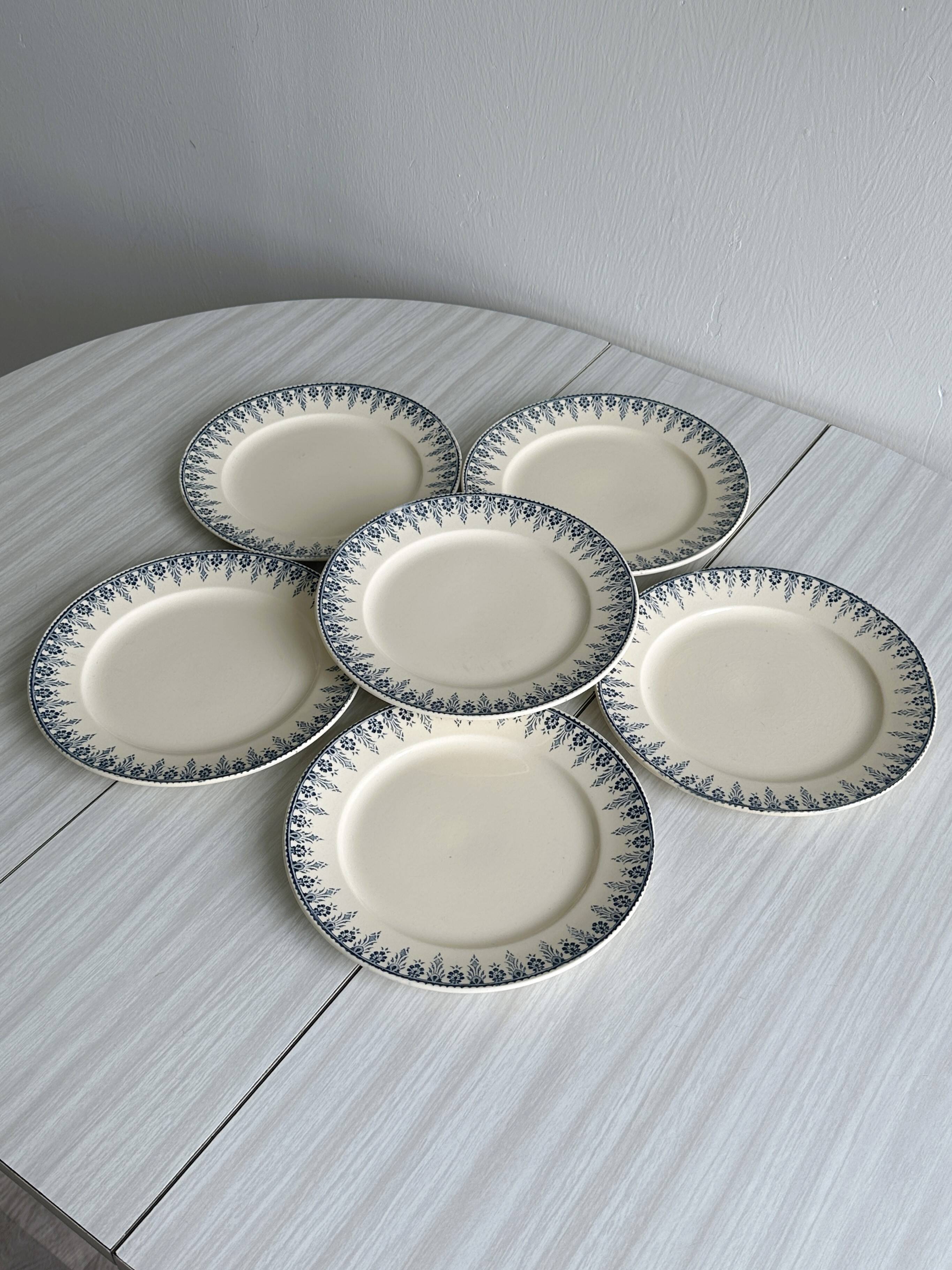 6 flat earthenware plates, blue floral border