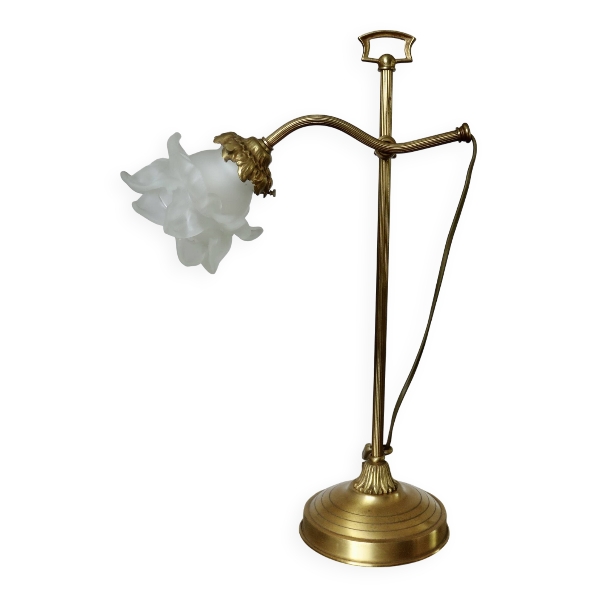 Large art nouveau brass lamp with frosted glass tulip in the shape of a rose