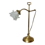 Large art nouveau brass lamp with frosted glass tulip in the shape of a rose