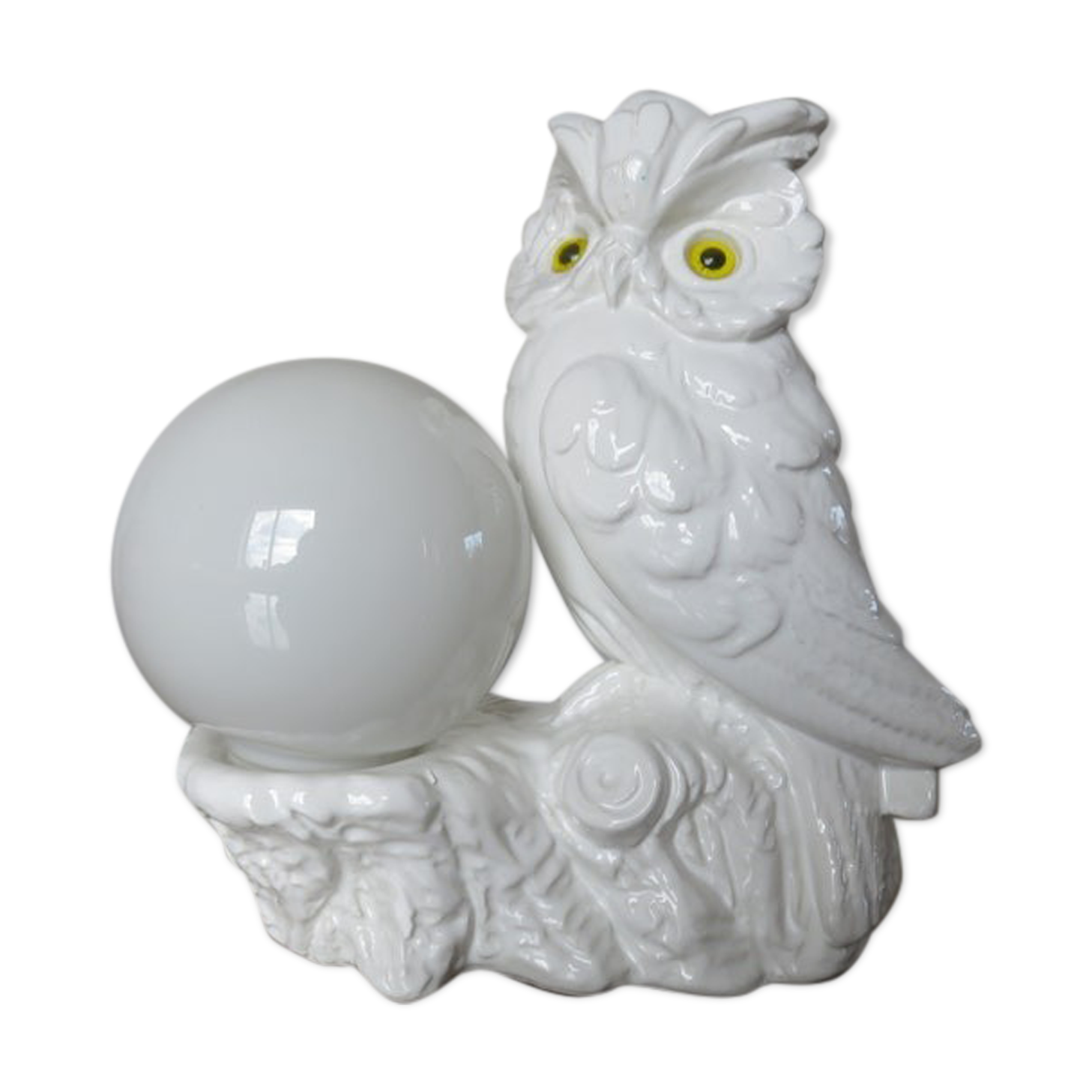 Owl lamp, ceramic owl and opaline ball 70s