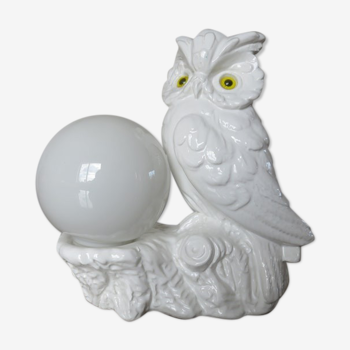 Lampe hibou, chouette en céramique et boule opaline années 70