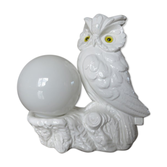 Lampe hibou, chouette en céramique et boule opaline années 70