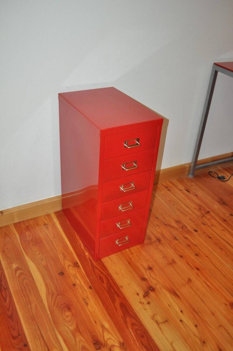 Purple industrial metal cabinet with six drawers, 1980s filing style.