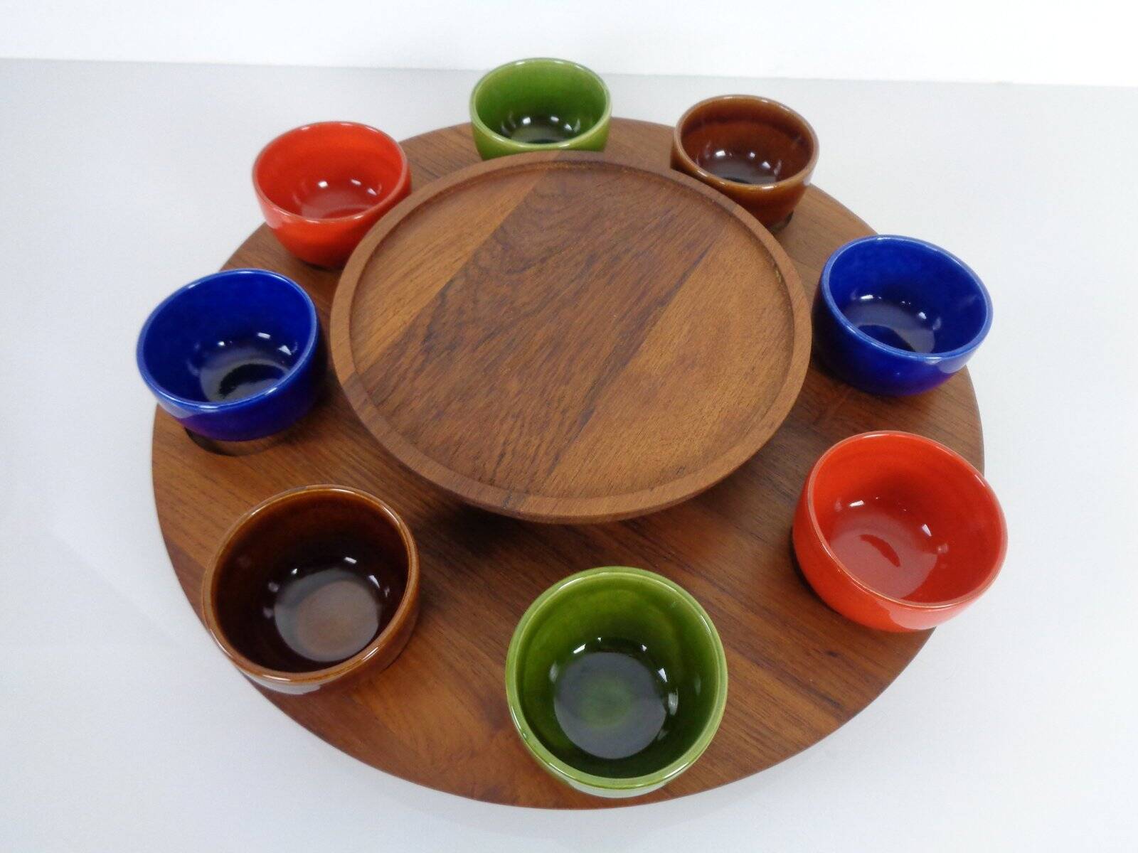 Rotating Teak Tray with Ceramic Bowls, Denmark, 1960s, Set of 10