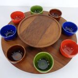 Rotating Teak Tray with Ceramic Bowls, Denmark, 1960s, Set of 10
