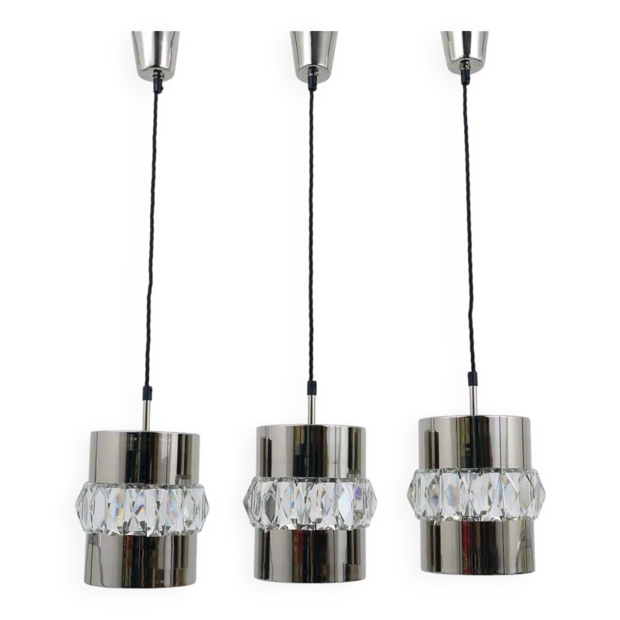 Three Bakalowits pendant lamps in nickel, brass, and faceted crystal, Austria, 1950s.