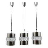 Three Bakalowits pendant lamps in nickel, brass, and faceted crystal, Austria, 1950s.