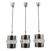 Three Bakalowits pendant lamps in nickel, brass, and faceted crystal, Austria, 1950s.
