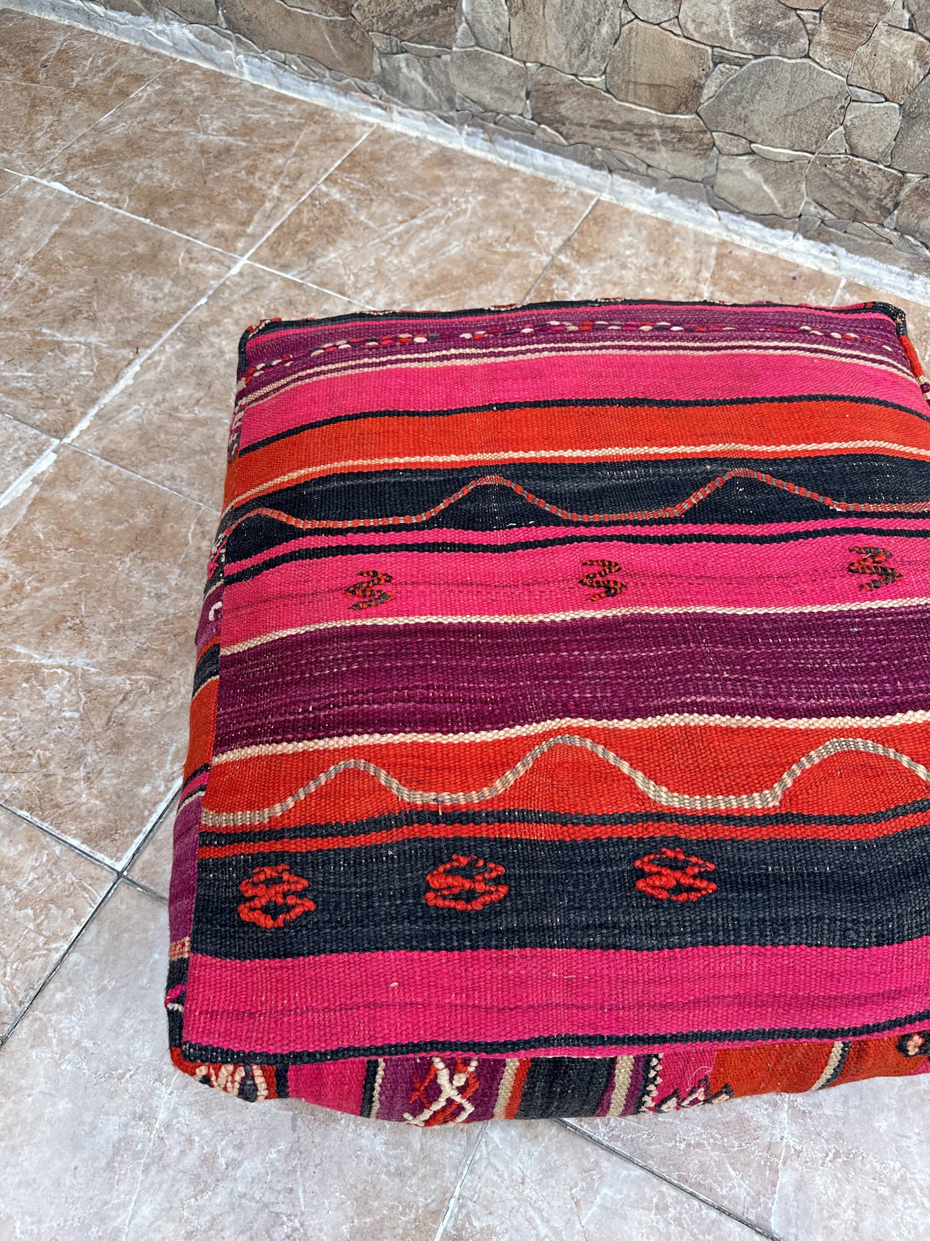 Vintage handmade Berber Kilim pouf, Moroccan floor cushion.