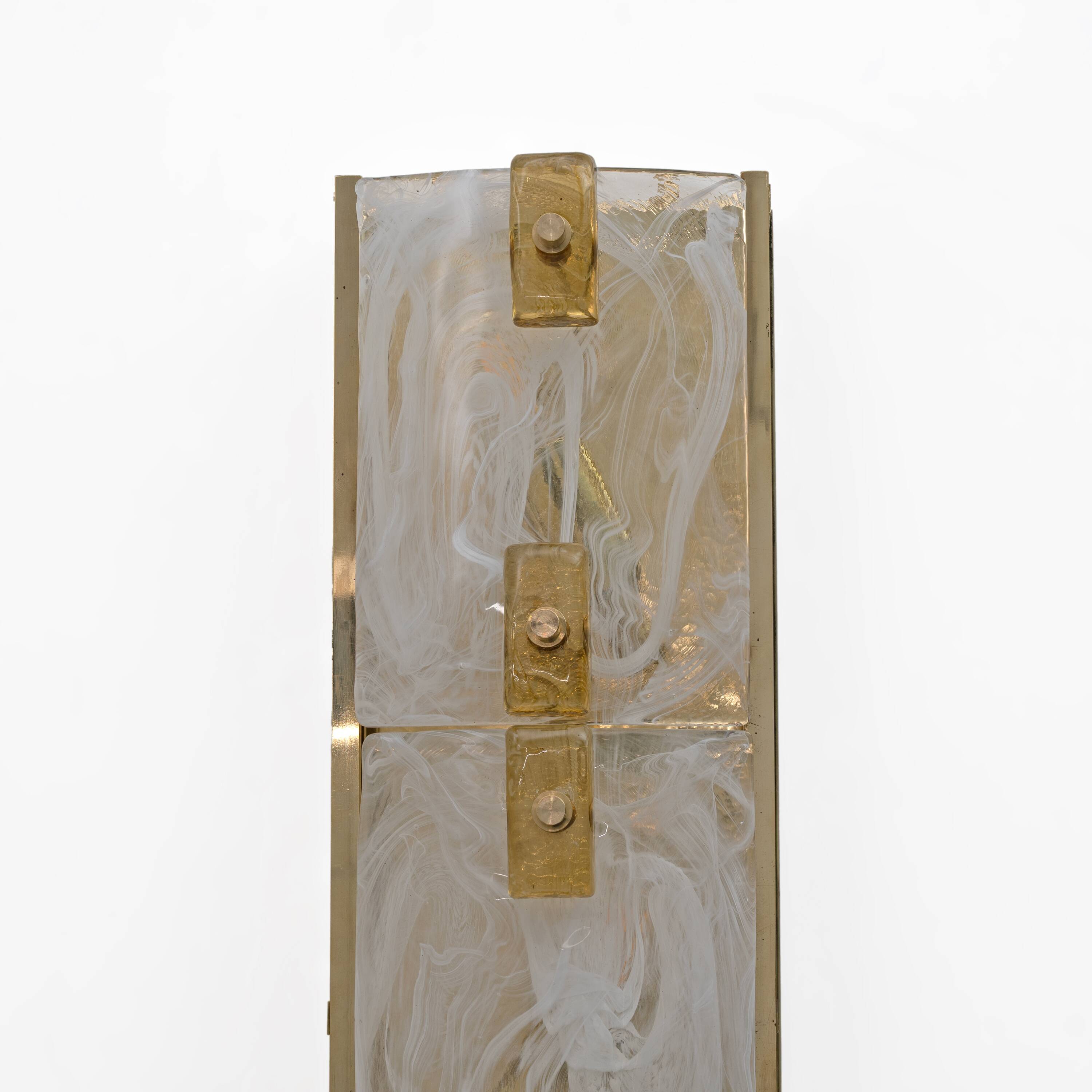 Pair of Modern Sconces in Brass and Milk White Murano Glass and Amber Glass