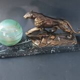 Panther desk lamp in spelter on a black and white marble base 1925