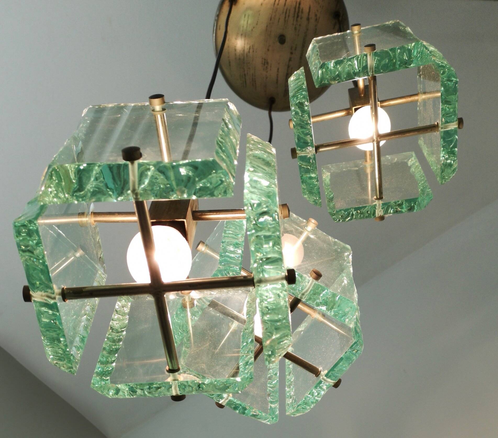 Vintage Three-Light Nile Green Glass Pendant Light by Zero Quattro, Italy