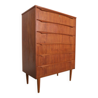 Commode danoise moderne du milieu du siècle à six tiroirs, Tallboy en teck, Danemark, 1960