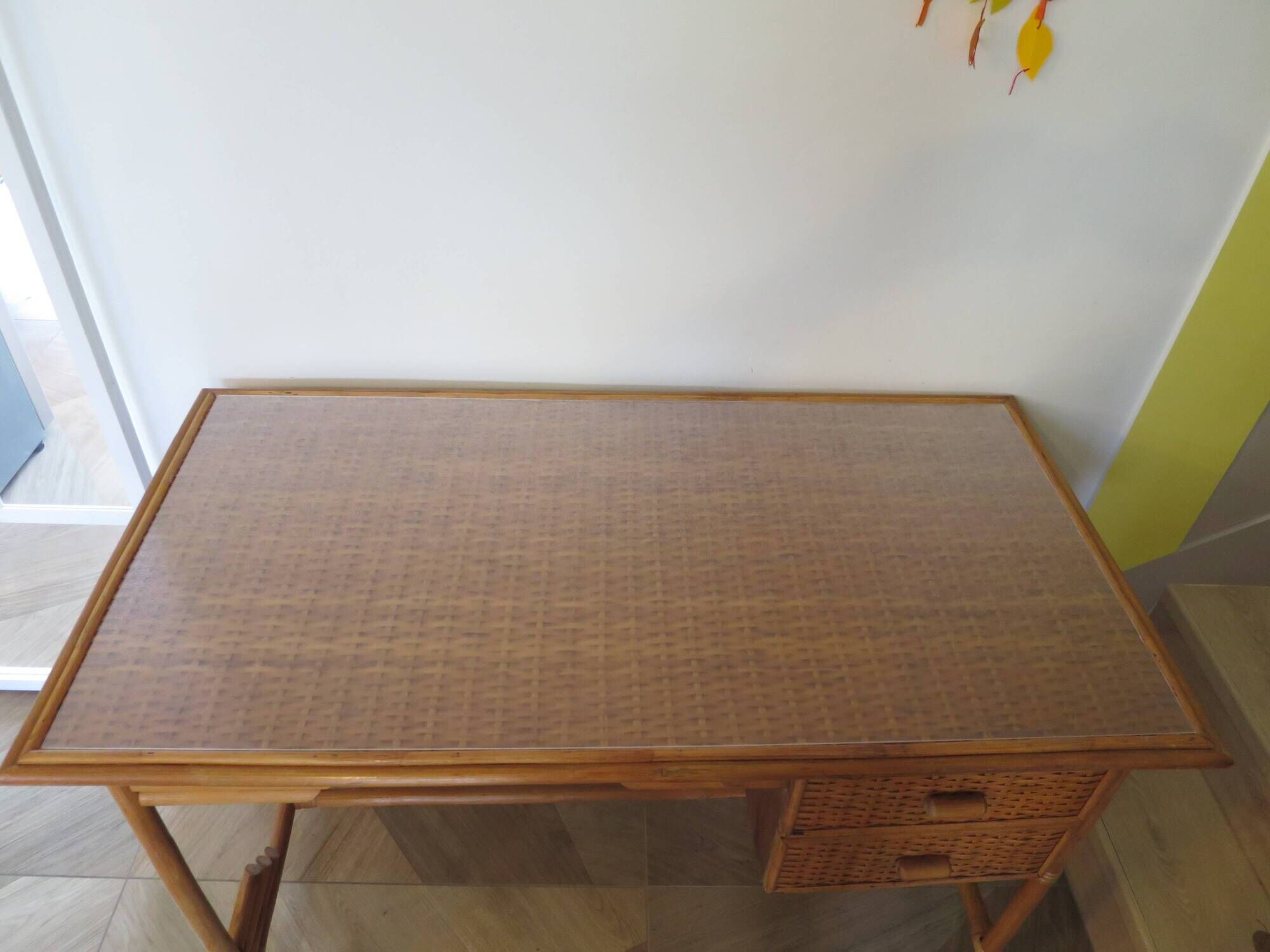 desk - wood-bamboo and woven wicker rattan - 2 drawers - large top - 80