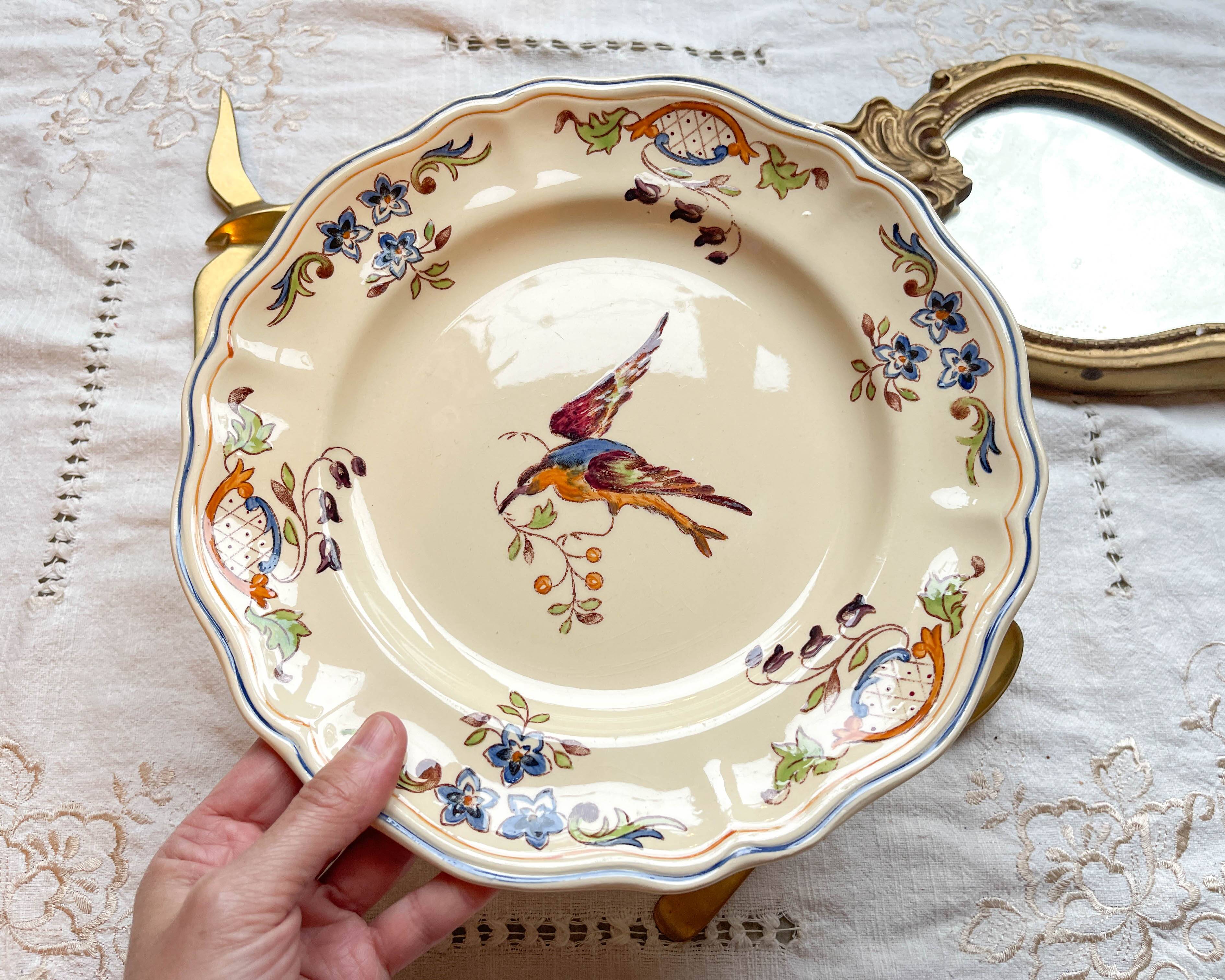 Vintage earthenware plate bird Cléry LONGCHAMP 1930