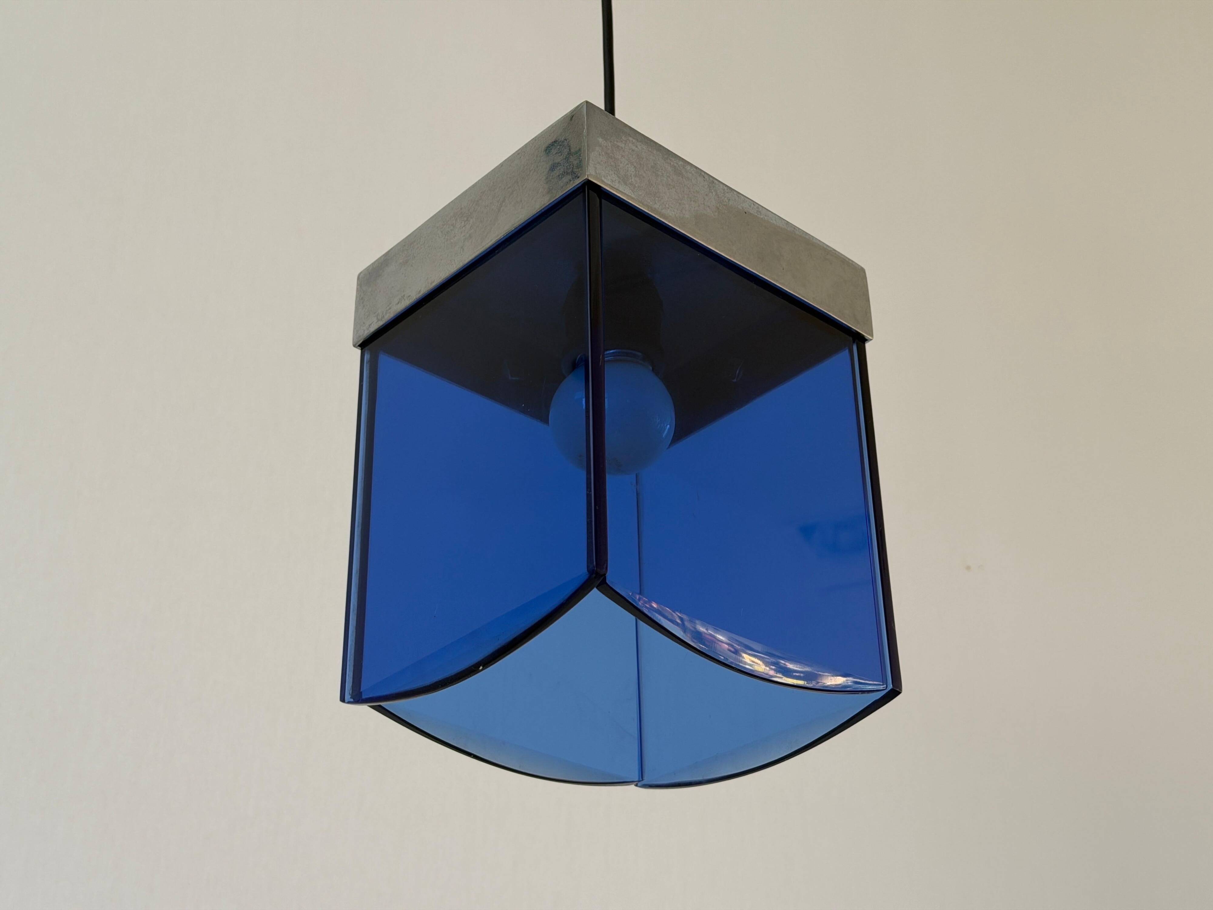 Art Deco ceiling light in blue glass and chrome, 1950s, Italy
