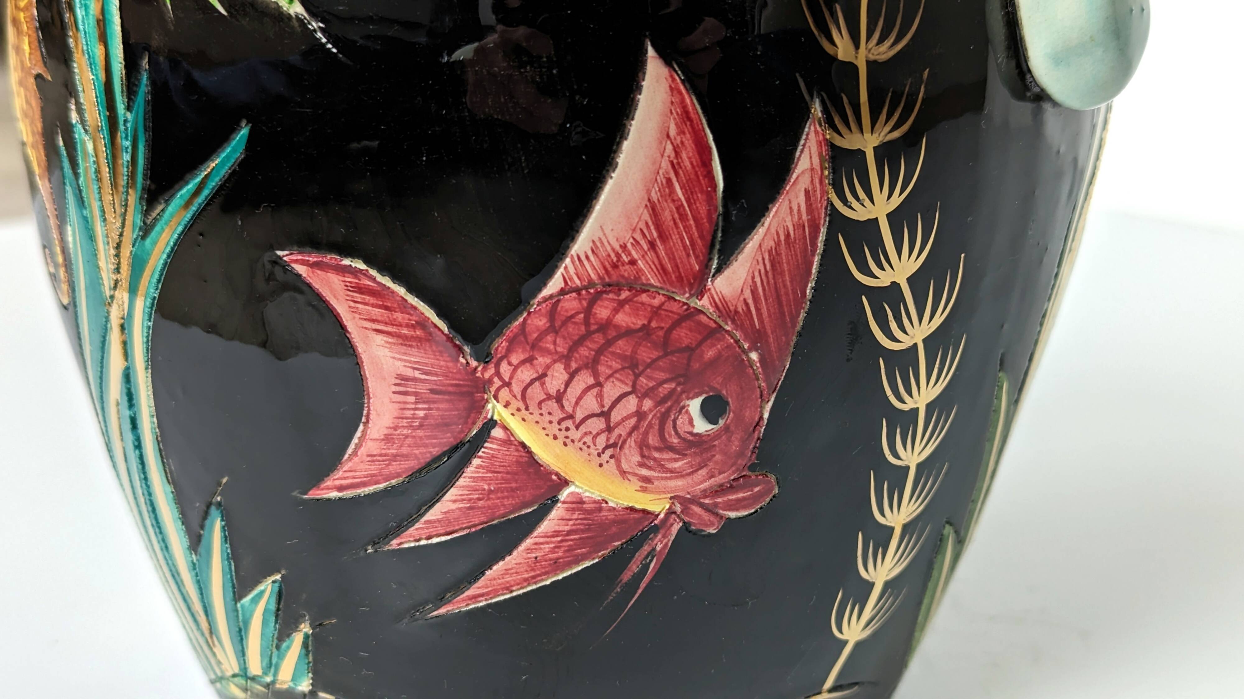 Large pitcher / Monaco vase in polychrome earthenware with bas relief decoration of fish on a seabed
